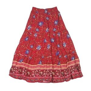 Hibluco Red Floral Tiered Maxi Skirt Women Small Boho Elastic Waist Cotton Blend